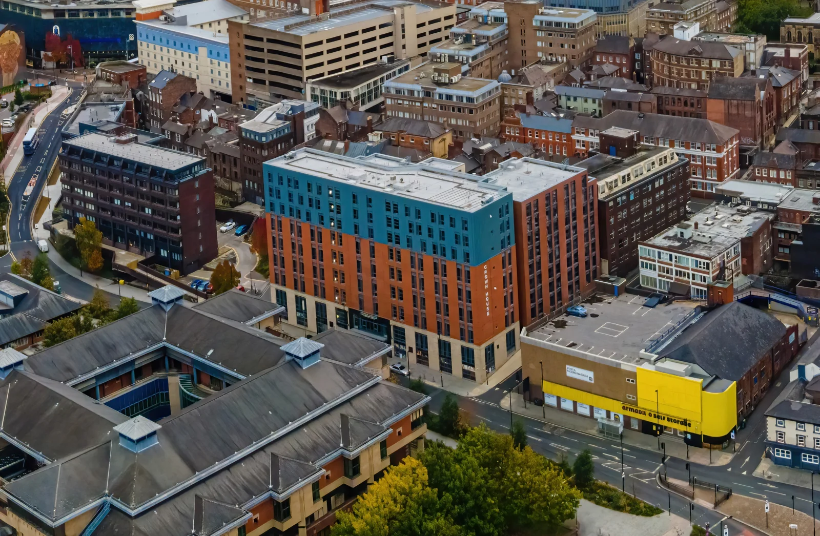 Aerial view of Crown House in Sheffield and its surrounding streets.